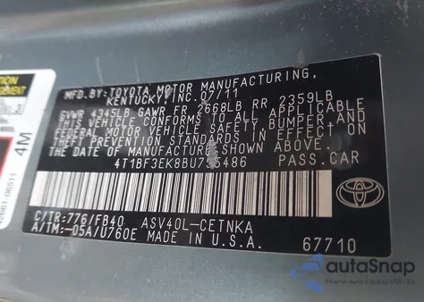 2011 Toyota Camry Le из США, поврежденный, VIN 4T1BF3EK8BU755486